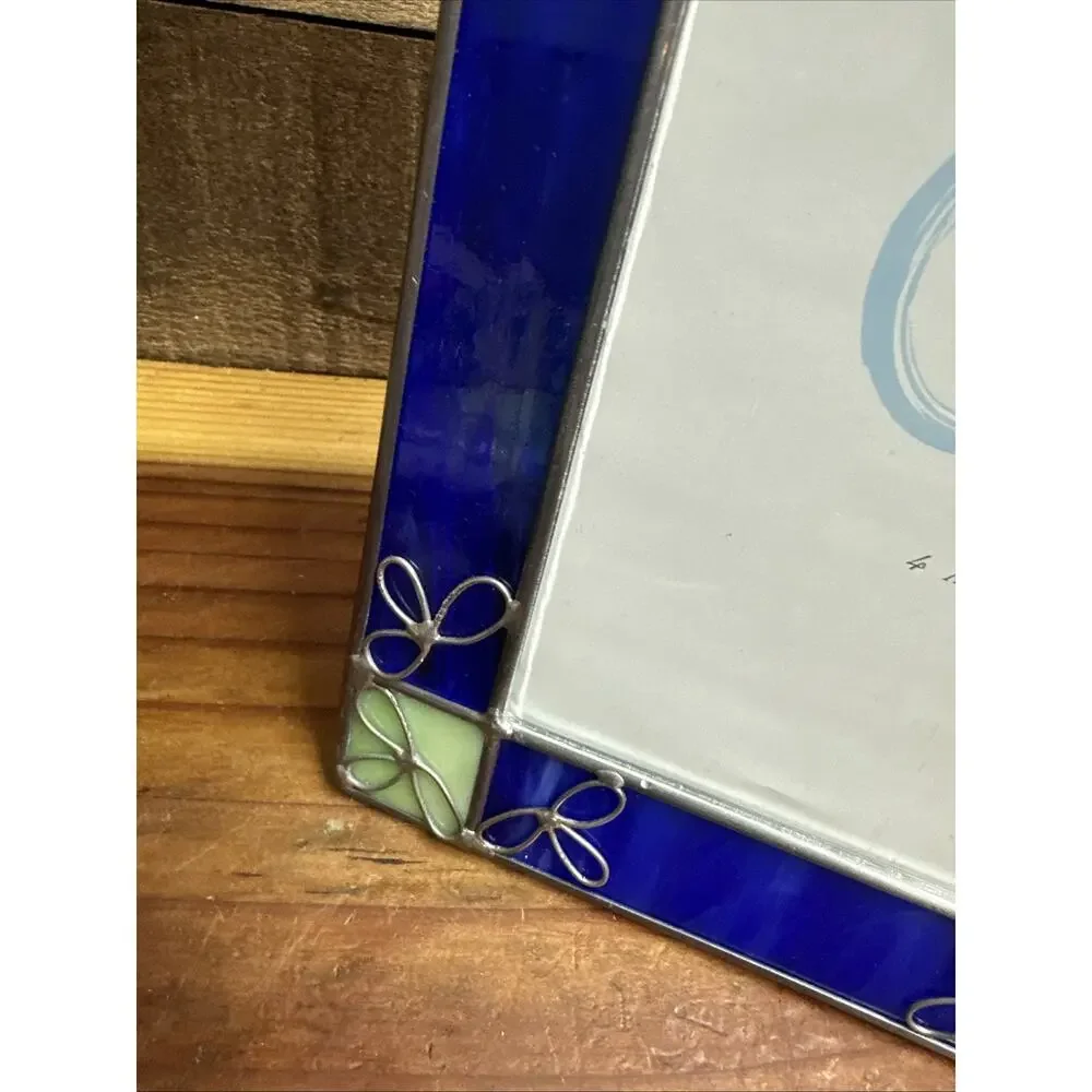 Blue & Green Slag Stained Leaded Glass Frame Holds 4x6” Photo ~ Free Standing